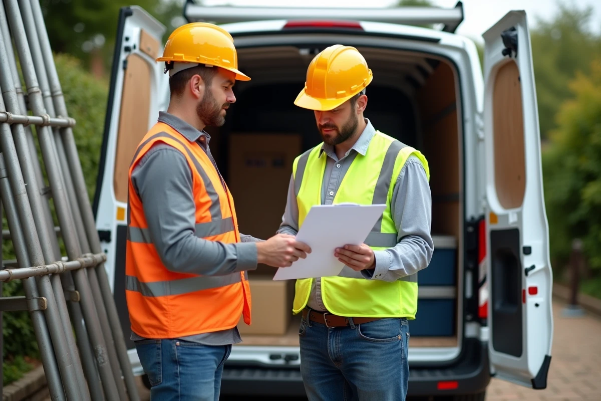Deux ouvriers consultant un contrat de location d'outils et d'échafaudages devant un véhicule utilitaire chargé pour des travaux de rénovation extérieure
