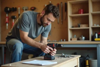 Homme examinant une perceuse professionnelle louée sur un établi en bois dans un garage atelier, pour réaliser des travaux de bricolage sans acheter d'outils