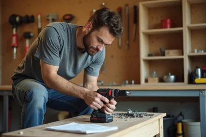 Homme examinant une perceuse professionnelle louée sur un établi en bois dans un garage atelier, pour réaliser des travaux de bricolage sans acheter d'outils
