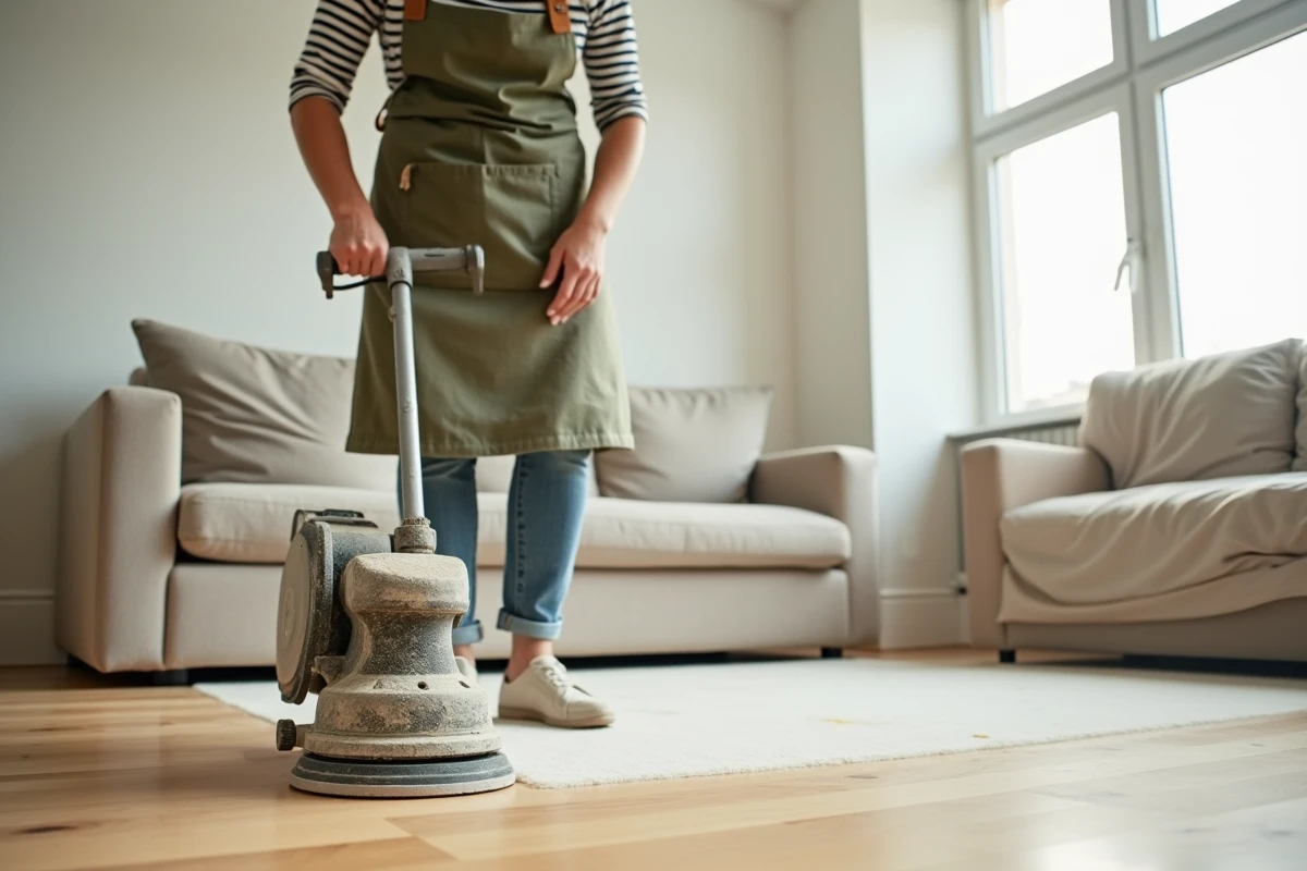 Femme utilisant une ponceuse à parquet louée dans un appartement moderne lors de travaux de rénovation de sol en bois