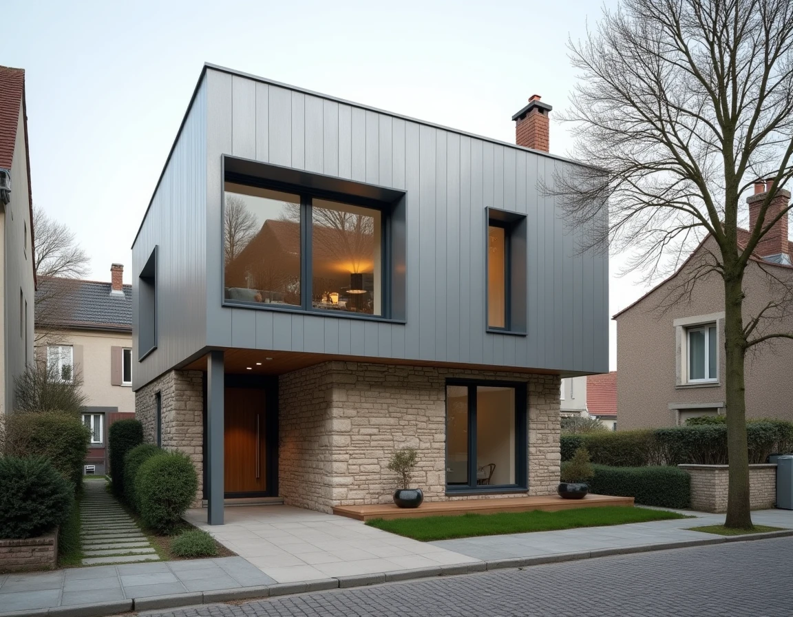 Maison avec surélévation terminée en zinc moderne sur façade en pierre dans une rue urbaine française