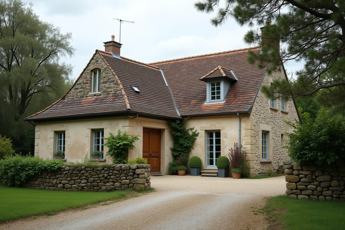 Maison française avec toiture partiellement rénovée montrant la différence entre tuiles neuves et tuiles dégradées, coût rénovation toiture