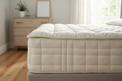 Matelas Duvivier haut de gamme avec revêtement matelassé en coton crème posé sur un lit en lin dans une chambre moderne et épurée