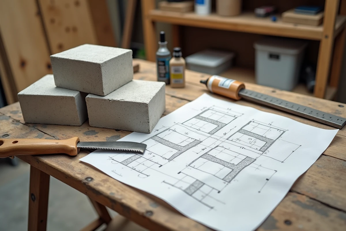 Matériaux et outils pour fabriquer un meuble de salle de bain en béton cellulaire posés sur une table