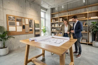 Studio d'architecture d'intérieur en Seine-et-Marne avec architectes travaillant sur des plans et des échantillons de matériaux
