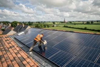 Installateur de panneaux solaires en Loire-Atlantique travaillant sur un toit de maison individuelle avec vue sur la campagne