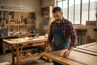 Menuisier professionnel mesurant un cadre de porte en chêne dans un atelier de menuiserie à Clermont-Ferrand