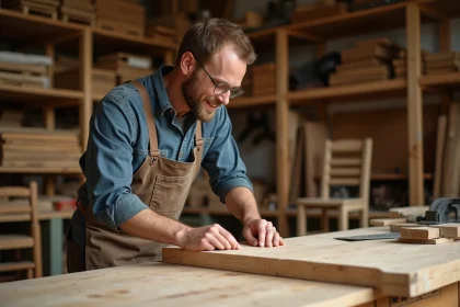 Menuisier en train de planifier un plateau en bois dans son atelier