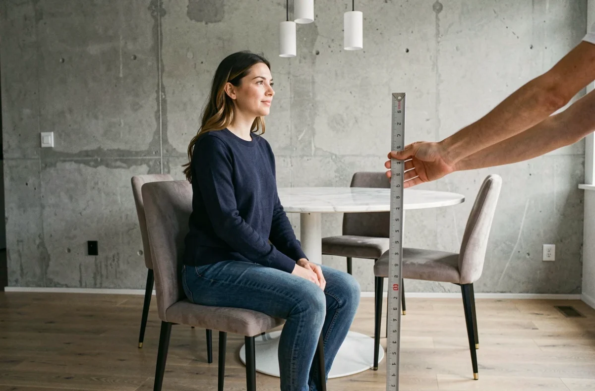Femme assise sur une chaise rembourrée pendant la mesure de la hauteur d'assise dans un appartement moderne