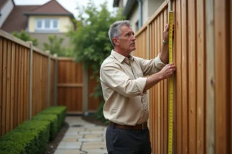 Homme mesurant la hauteur d'un mur mitoyen en bois dans un jardin résidentiel avec un mètre ruban jaune