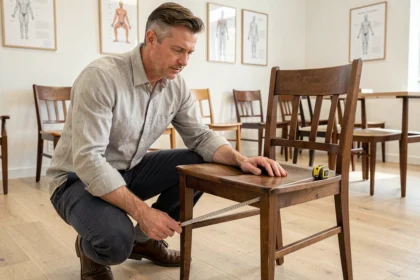 Designer mesurant la largeur d'assise d'une chaise en bois avec un mètre ruban dans un showroom scandinave