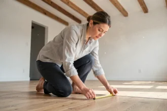 Femme mesurant la superficie d'un salon en m2 avec un mètre ruban sur parquet