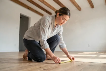 Femme mesurant la superficie d'un salon en m2 avec un mètre ruban sur parquet