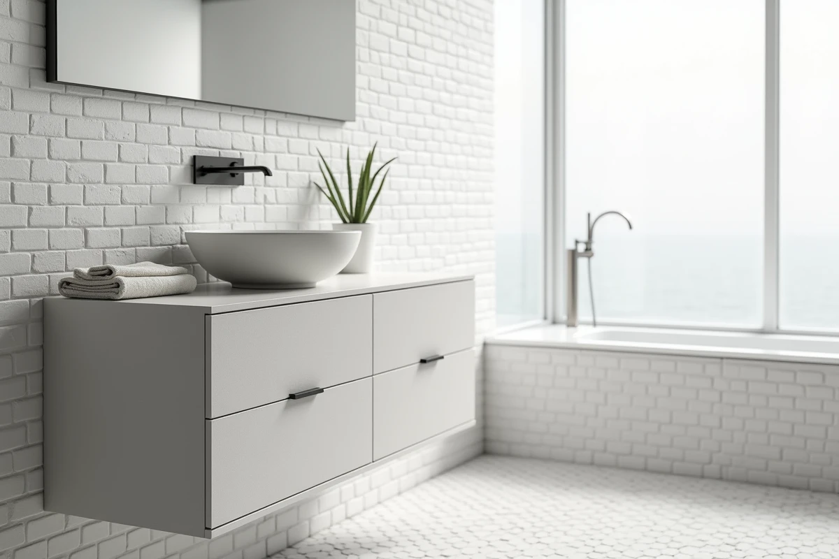 Meuble de salle de bain en béton cellulaire terminé avec vasque blanche dans une salle de bain moderne