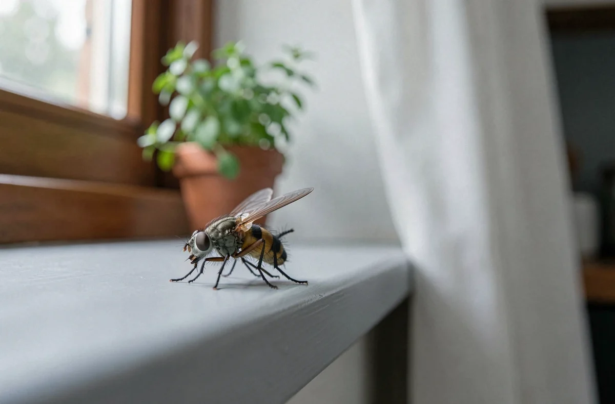 Mouche domestique posée sur le rebord d'une fenêtre de cuisine, symbolisme et signification spirituelle
