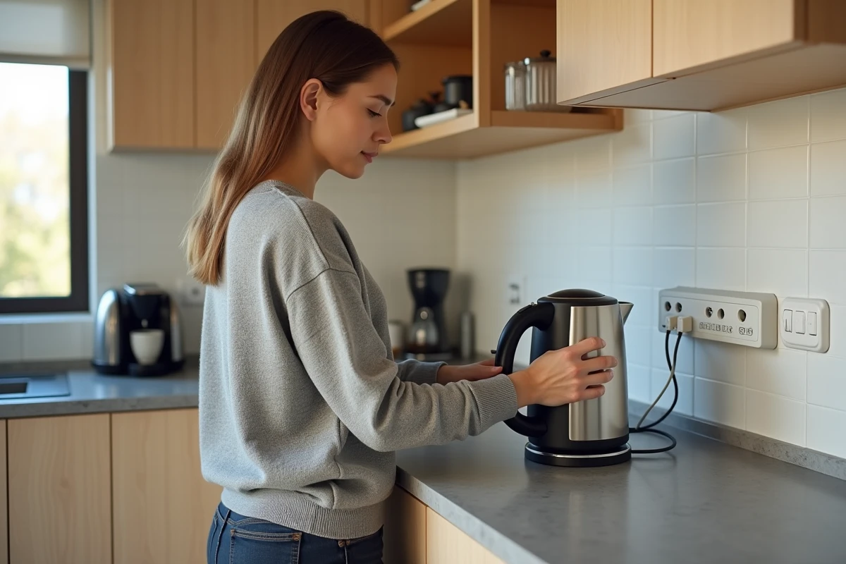 Femme branchant une bouilloire sur une multiprise surchargée dans une cuisine moderne, puissance électrique des appareils