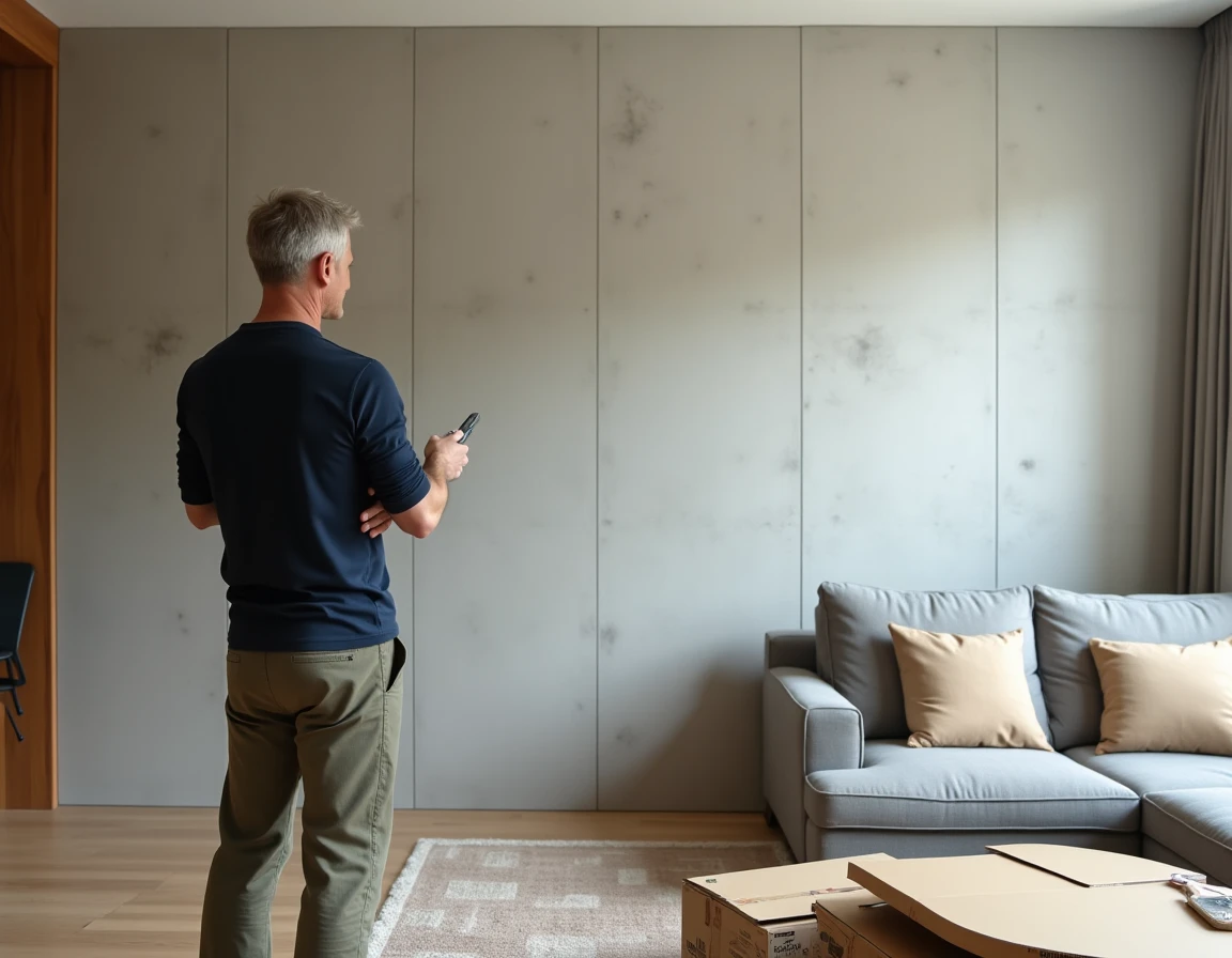 Vue large d'un mur rénové avec revêtement autocollant béton couvrant un carrelage marron démodé dans un salon