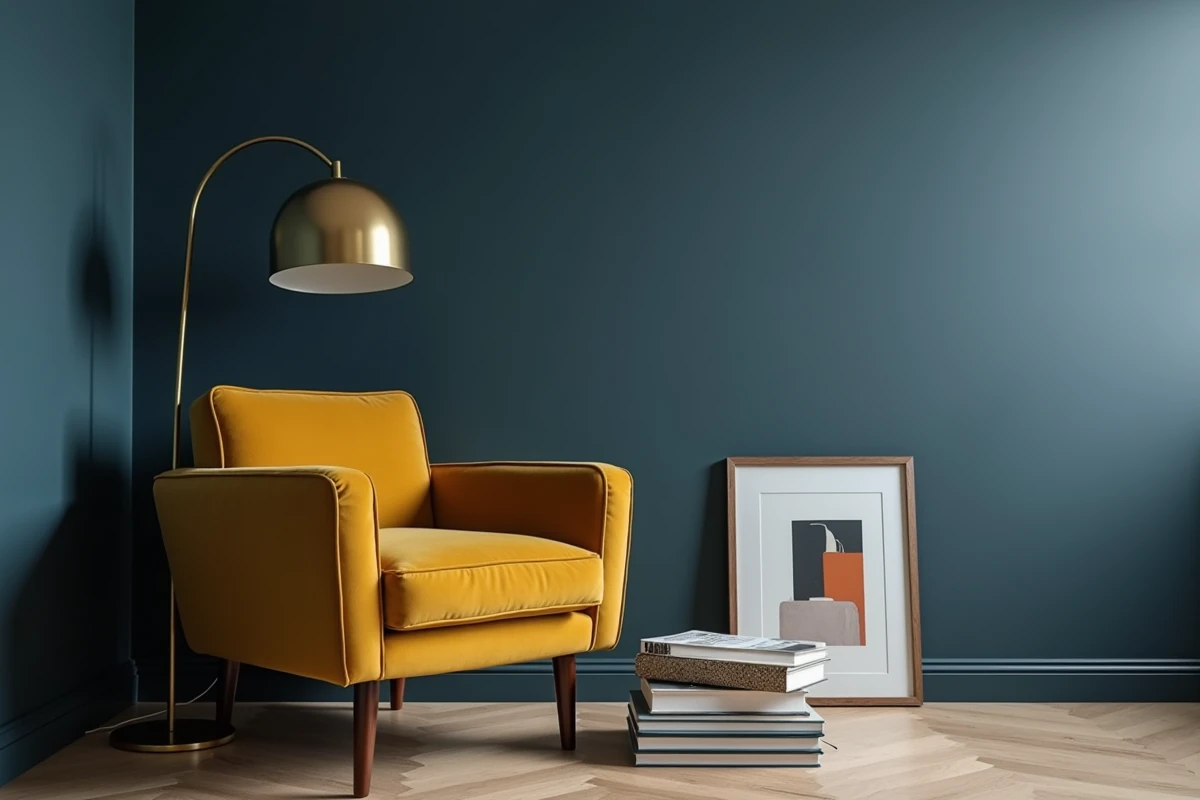 Salon moderne avec mur bleu charbon et fauteuil velours moutarde en décoration tendance