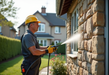 Homme en tenue de travail nettoyant une facade en pierre