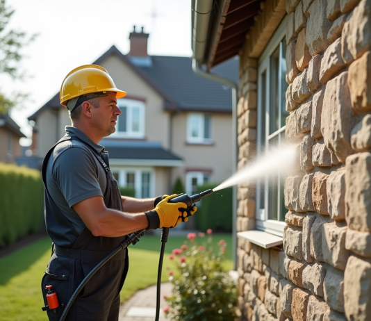 Homme en tenue de travail nettoyant une facade en pierre