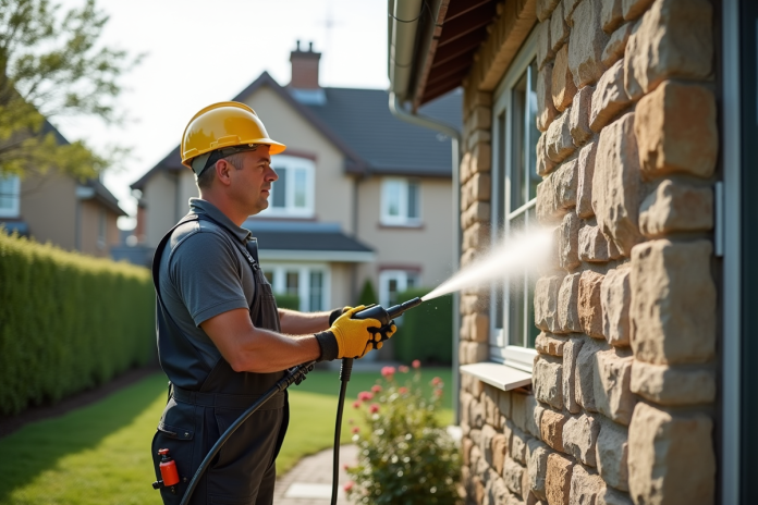 Homme en tenue de travail nettoyant une facade en pierre