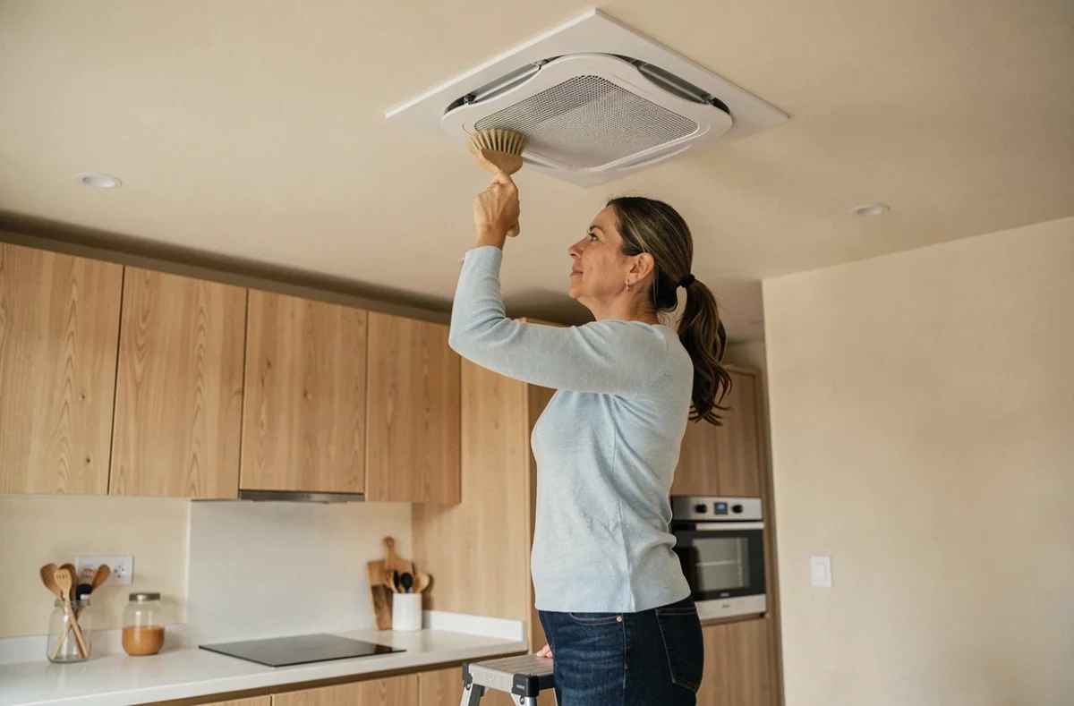Femme nettoyant la grille d'une VMC au plafond dans une cuisine moderne avec une brosse douce