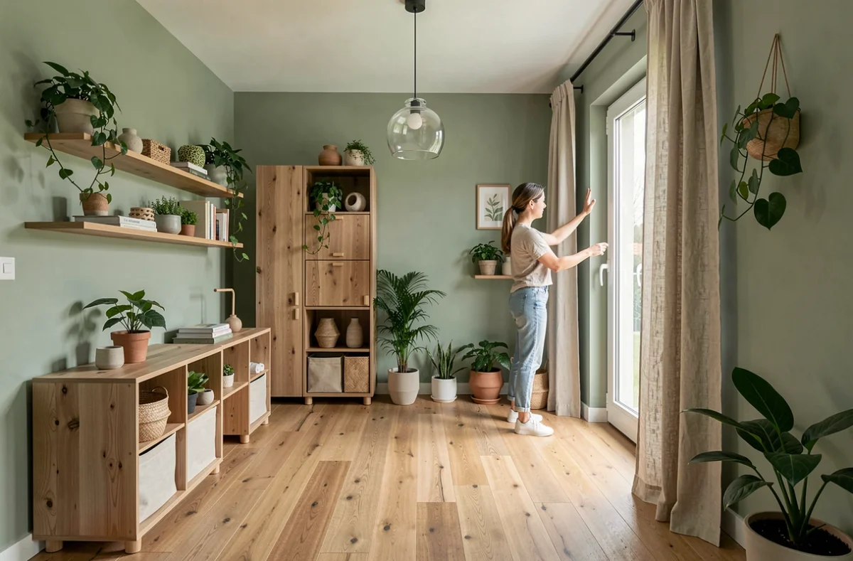 Intérieur fonctionnel et durable à Marne-la-Vallée avec mobilier modulaire en matériaux éco-certifiés et décorations naturelles