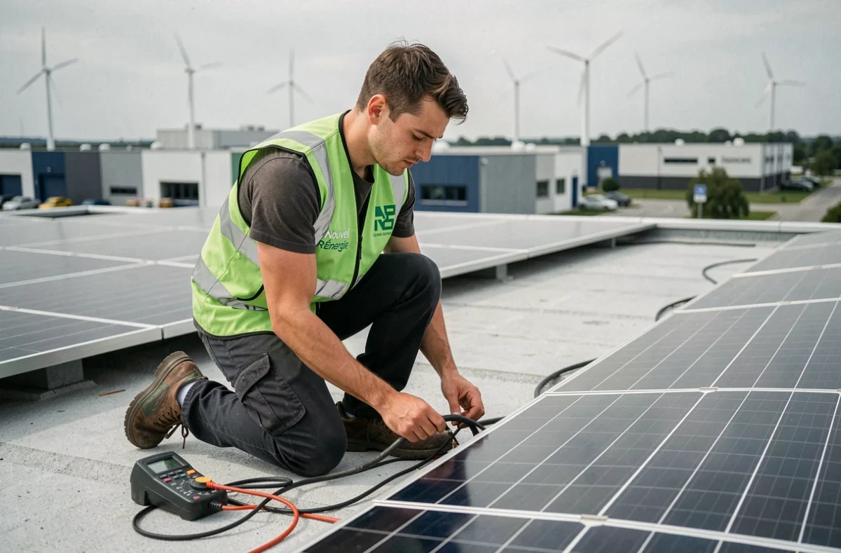 Technicien de Nouvel R Énergie raccordant des panneaux solaires sur un toit commercial en Loire-Atlantique
