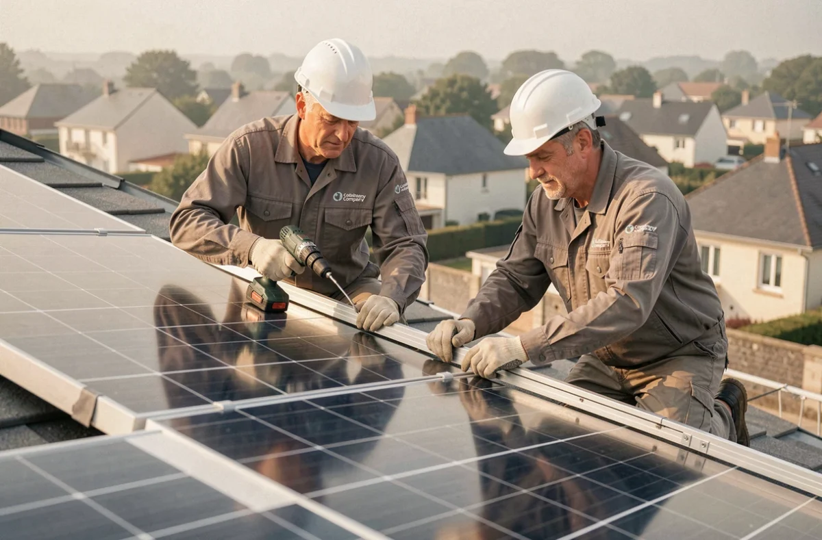 Équipe d'O2 Toit installant des panneaux solaires sur le toit d'une maison en Loire-Atlantique