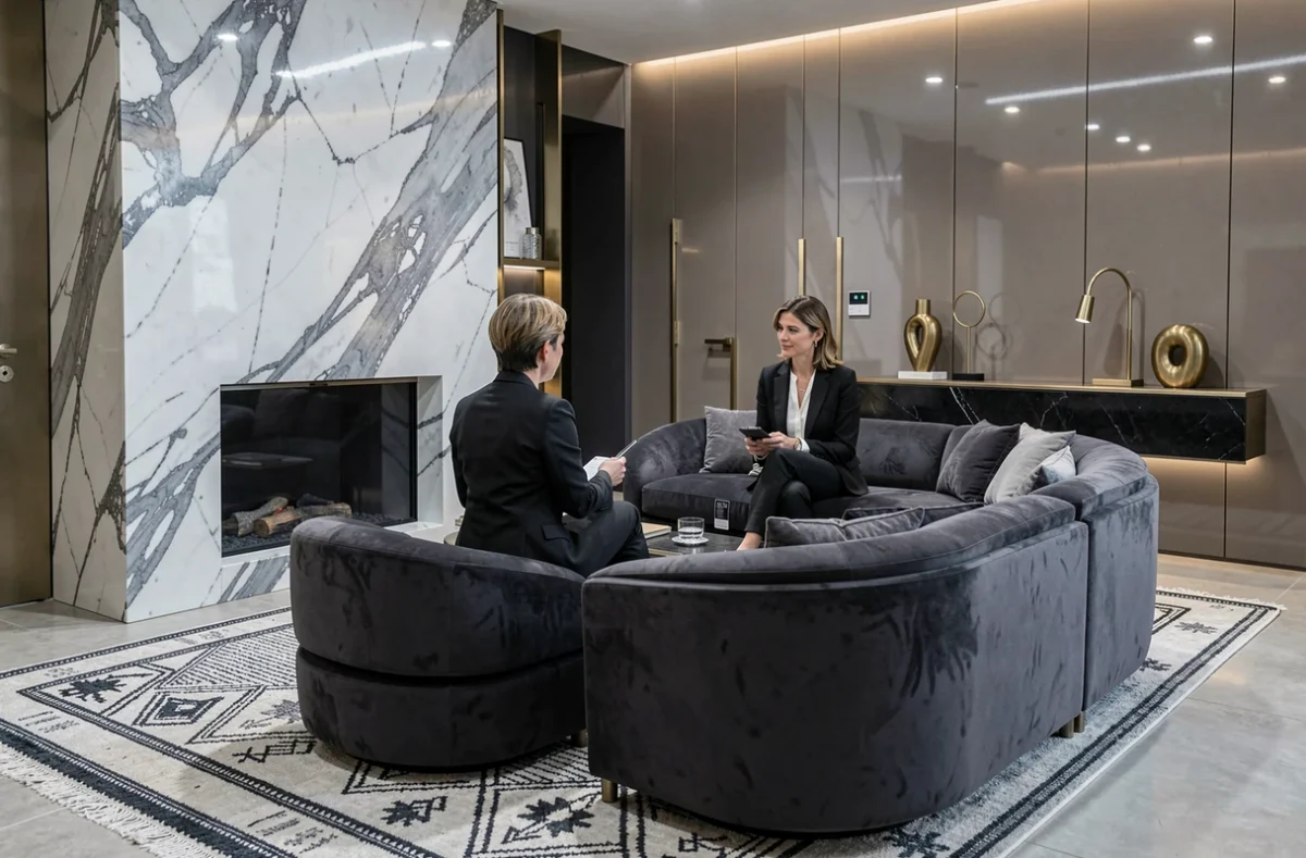 Designer d'intérieur haut de gamme consultant avec un client dans un salon luxueux avec cheminée en marbre et canapé en cachemire anthracite