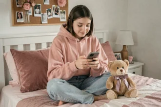 Adolescente en hoodie rose blush assise sur son lit avec un ourson en peluche mauve, ambiance chambre ado moderne et tendance