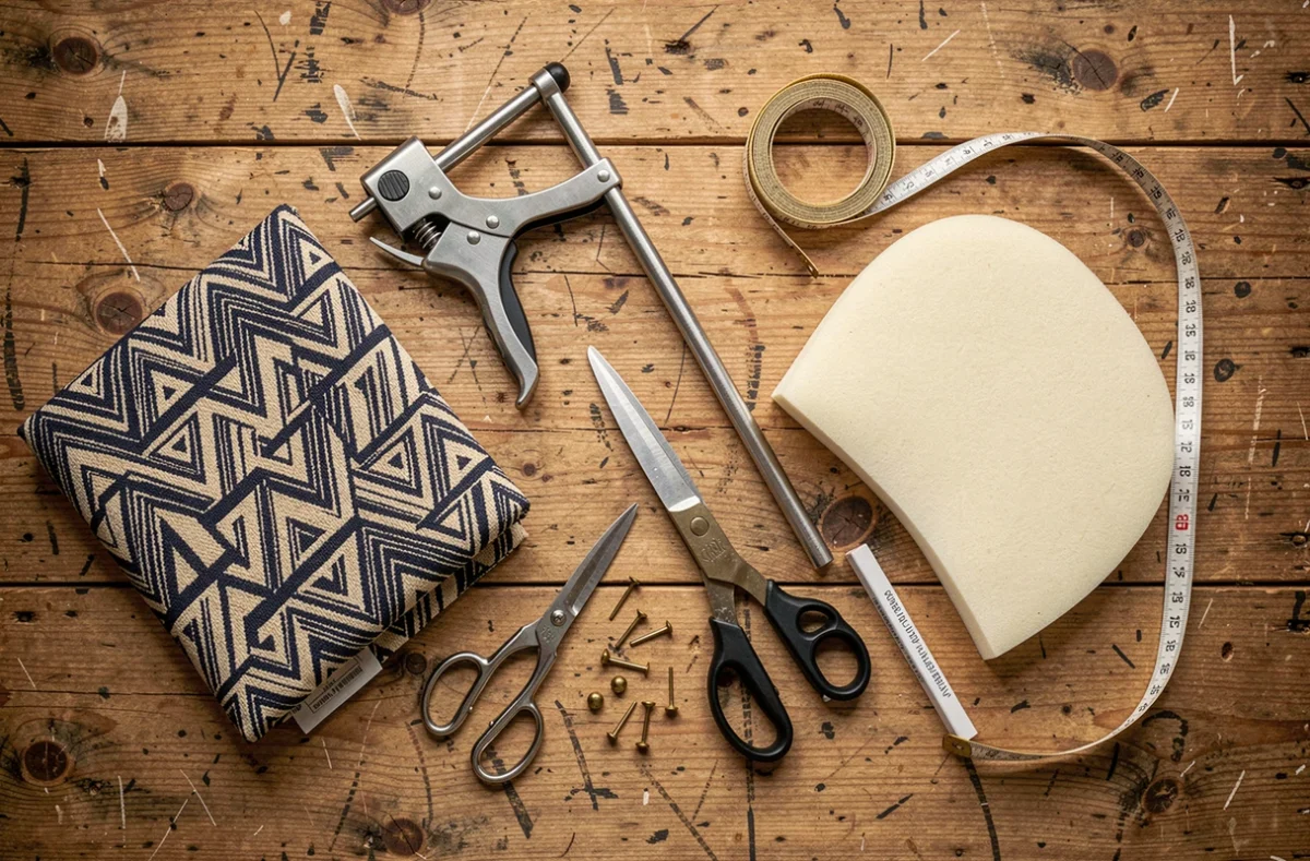 Vue de dessus des outils et matériaux nécessaires pour retapisser un fauteuil Voltaire en style contemporain