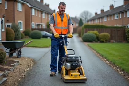 Ouvrier de construction utilisant un compacteur sur gravier