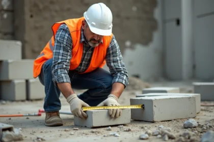 Ouvrier en sécurité mesurant des parpaings sur un chantier