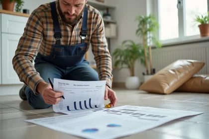 Ouvrier en overalls examine une estimation de carrelage