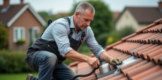 Doit-on imperméabiliser les tuiles pour accroître leur résistance à la mousse ? Ouvrier couvreur appliquant une solution d'étanchéité sur tuiles en terre cuite