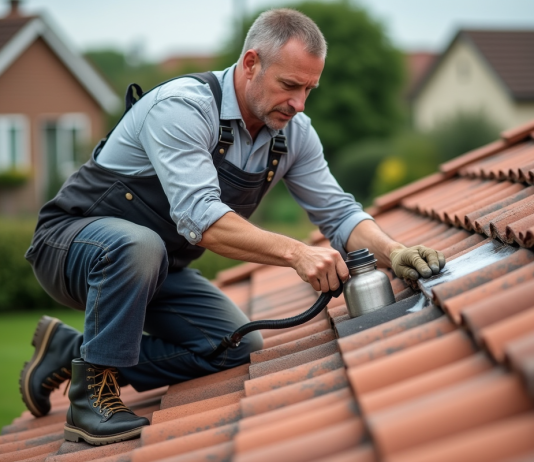 Doit-on imperméabiliser les tuiles pour accroître leur résistance à la mousse ? Ouvrier couvreur appliquant une solution d'étanchéité sur tuiles en terre cuite