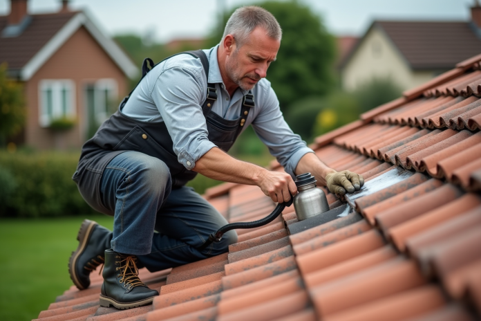 Ouvrier couvreur appliquant une solution d'étanchéité sur tuiles en terre cuite