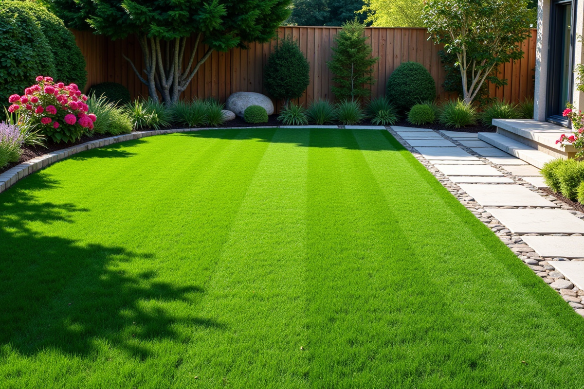 Pelouse bien posée dans un jardin moderne et soigné
