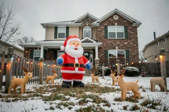 Décoration extérieure de Noël pas cher avec un père Noël gonflable géant devant une maison de banlieue