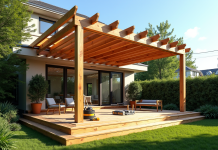 Pergola moderne en extérieur sur terrasse en bois ensoleillée