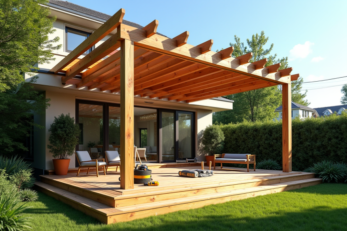 Pergola moderne en extérieur sur terrasse en bois ensoleillée
