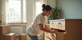 Personne sécurisant un tiroir de commode avec du ruban adhésif dans une chambre lumineuse