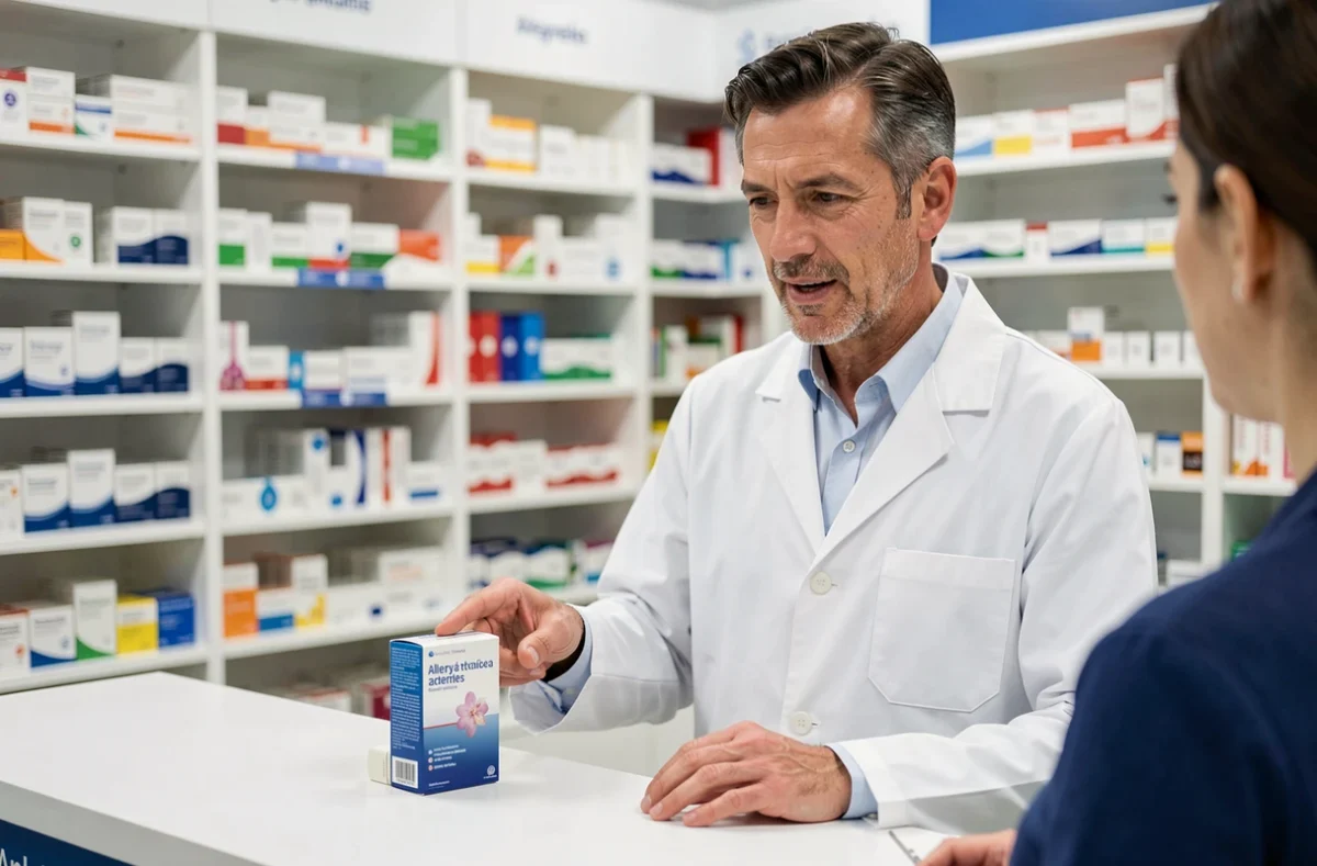 Pharmacien conseillant un patient sur un traitement contre les allergies aux piqûres d'insectes en pharmacie