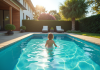 Piscine moderne avec enfant et adulte dans un jardin ensoleille