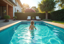 Piscine moderne avec enfant et adulte dans un jardin ensoleille