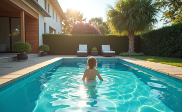 Profondeur idéale piscine : quelle est-elle et pourquoi est-elle importante ? Piscine moderne avec enfant et adulte dans un jardin ensoleille