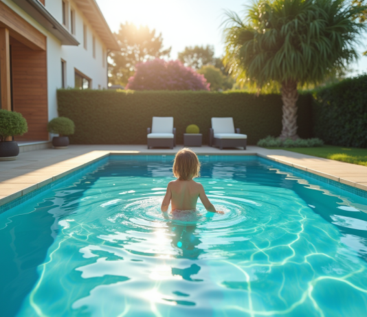 Piscine moderne avec enfant et adulte dans un jardin ensoleille