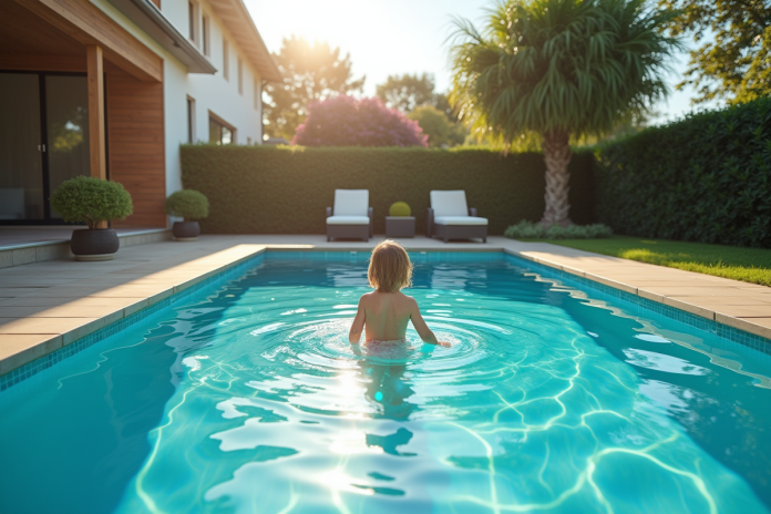 Piscine moderne avec enfant et adulte dans un jardin ensoleille