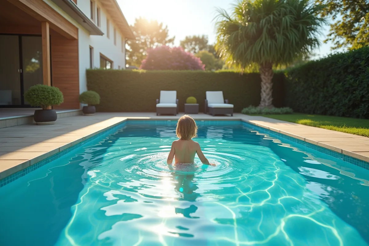 Piscine moderne avec enfant et adulte dans un jardin ensoleille